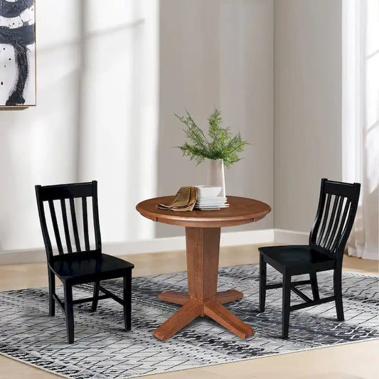 Table à manger ronde sur pied de 76 cm avec 2 chaises de salle à manger en chêne vieilli/noir